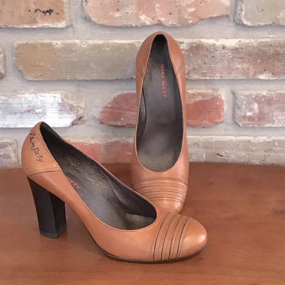MISS SIXTY Women’s Leather Cognac Round Toe Retro Chunky Heels 39